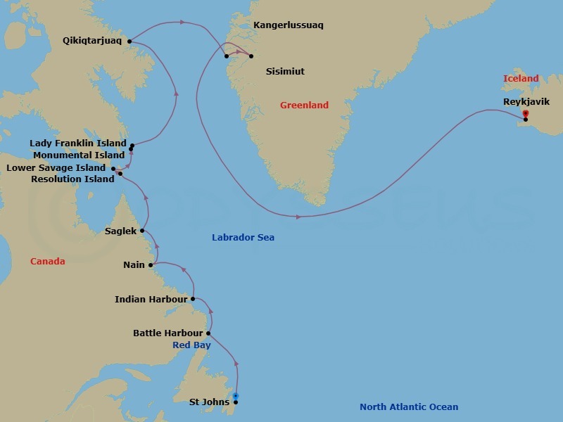 16 Night - Exploring the Torngat Mountain - Tour R26 - Seabourn Venture Tours - Starting in St Johns NF, Newfoundland, Red Bay, Labrador, Canada, Battle Harbour, Labrador, Canada, Indian Harbour, Labrador, Canada, Nain, Labrador, Canada, Saglek Fjord, Labrador, Canada, Eclipse Channel, Labrador, Canada, Resolution Island, Nunavut, Canada, Lower Savage Islands, Nunavut, Canada, Monumental Island, Nunavut, Canada, Lady Franklin Island, Nunavut, Canada, Isabella Bay (Ninginganiq), Nunavut, Canada, Qikiqtarjuaq, Nunavut, Canada, Sisimiut (Holsteinsborg), Greenland, Kangerlussuaq, Greenland, Reykjavik, Iceland itinerary map