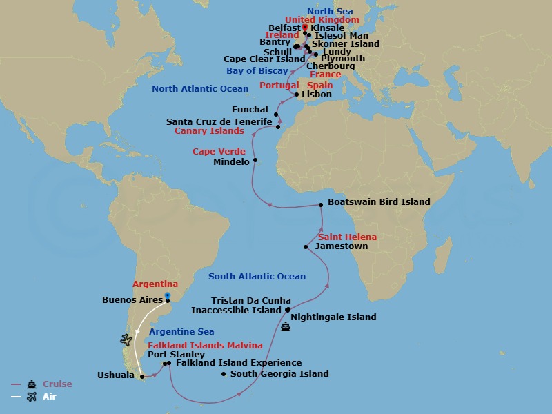 46 Night - Wild Isle Exploration : - Tour E08 - Seabourn Venture Tours - Starting in Buenos Aires, Argentina, Ushuaia, Argentina, The Falkland Islands, Port Stanley, Falkland Islands, South Georgia, Inaccessible Island, St Helena, Ascension and Tristan Da Cunha, Tristan da Cunha, St Helena, Ascension and Tristan da Cunha, Nightingale Island, St Helena, Ascension and Tristan da Cunha, Jamestown, St Helena, Ascension and Tristan Da Cunha, Scenic Cruising Boatswain Bird Island, Mindelo, Cape Verde, Santa Cruz de Tenerife, Funchal (Madeira), Portugal, Lisbon, Portugal, Cherbourg (Normandy), France, Plymouth, England, United Kingdom, Lundy Island, United Kingdom, Skomer Island, Wales, United Kingdom, Bantry, Ireland, Schull, Ireland, Cape Clear Island, Ireland, Kinsale, Ireland, Calf of Man, Isle of Man, Belfast, Northern Ireland, United Kingdom itinerary map