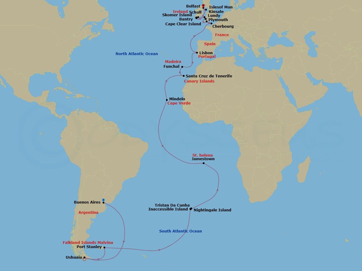 56 Night - From the White Continent - Tour N26 - Seabourn Venture Tours - Starting in Buenos Aires, Argentina, Ushuaia, Argentina, Antarctica, Ushuaia, Argentina, The Falkland Islands, Port Stanley, Falkland Islands, South Georgia, Inaccessible Island, St Helena, Ascension and Tristan Da Cunha, Tristan da Cunha, St Helena, Ascension and Tristan da Cunha, Nightingale Island, St Helena, Ascension and Tristan da Cunha, Jamestown, St Helena, Ascension and Tristan Da Cunha, Scenic Cruising Boatswain Bird Island, Mindelo, Cape Verde, Santa Cruz de Tenerife, Funchal (Madeira), Portugal, Lisbon, Portugal, Cherbourg (Normandy), France, Plymouth, England, United Kingdom, Lundy Island, United Kingdom, Skomer Island, Wales, United Kingdom, Bantry, Ireland, Schull, Ireland, Cape Clear Island, Ireland, Kinsale, Ireland, Calf of Man, Isle of Man, Belfast, Northern Ireland, United Kingdom itinerary map