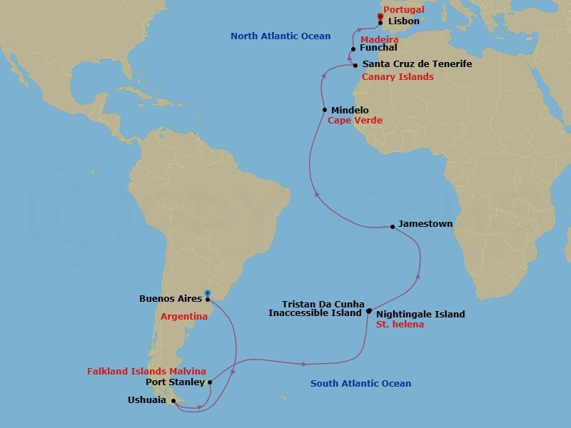 44 Night - Antarctica, South Georg - Tour N25 - Seabourn Venture Tours - Starting in Buenos Aires, Argentina, Ushuaia, Argentina, Antarctica, Ushuaia, Argentina, The Falkland Islands, Port Stanley, Falkland Islands, South Georgia, Inaccessible Island, St Helena, Ascension and Tristan Da Cunha, Tristan da Cunha, St Helena, Ascension and Tristan da Cunha, Nightingale Island, St Helena, Ascension and Tristan da Cunha, Jamestown, St Helena, Ascension and Tristan Da Cunha, Scenic Cruising Boatswain Bird Island, Mindelo, Cape Verde, Santa Cruz de Tenerife, Funchal (Madeira), Portugal, Lisbon, Portugal itinerary map