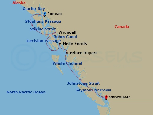 7 Night - Glacier Bay & Canadian Inside Passage - Seabourn Encore - Starting in Juneau, Alaska, Glacier Bay, Cruising Chatham Strait, Transit Decision Passage, Wrangell, Alaska, Cruising Stikine Strait, Cruising Behm Canal, Rudyerd Bay (Misty Fjords), Scenic cruising Misty Fjords, Prince Rupert, British Columbia, Canada, Scenic cruising Grenville Channel, Scenic cruising Whale Channel, Scenic cruising Princess Royal Channel, Alert Bay, British Columbia, Canada, Scenic cruising Johnstone Strait, Transit the Seymour Narrows, Vancouver, BC, CA itinerary map