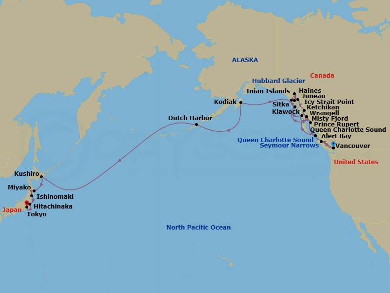 34 Night - Glacier Bay, Inside Passage & Pacific Passage - Seabourn Encore - Starting in Vancouver, BC, CA, Transit the Seymour Narrows, Cruising the Queen Charlotte Sound, Ketchikan, Alaska, Transit Snow Pass, Transit Decision Passage, Sitka, Alaska, Cruising Yakutat Bay, Hubbard Glacier, Inian Islands, Alaska, Icy Strait Point, Alaska, Haines, Alaska, Cruising Lynn Canal, Juneau, Alaska, Glacier Bay, Cruising Chatham Strait, Transit Decision Passage, Wrangell, Alaska, Cruising Stikine Strait, Cruising Behm Canal, Rudyerd Bay (Misty Fjords), Scenic cruising Misty Fjords, Prince Rupert, British Columbia, Canada, Scenic cruising Grenville Channel, Scenic cruising Whale Channel, Scenic cruising Princess Royal Channel, Alert Bay, British Columbia, Canada, Scenic cruising Johnstone Strait, Transit the Seymour Narrows, Vancouver, BC, CA, Transit the Seymour Narrows, Cruising the Queen Charlotte Sound, Ketchikan, Alaska, Klawock, Alaska, Sitka, Alaska, Glacier Bay, Kodiak, Alaska, Dutch Harbor, Alaska, Cross International Dateline, Kushiro, Japan, Miyako, Japan, Ishinomaki, Japan, Hitachinaka, Japan itinerary map