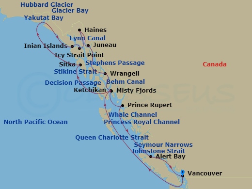 14 Night - Glacier Bay, Fjords & Inside Passage - Seabourn Encore - Starting in Vancouver, BC, CA, Transit the Seymour Narrows, Cruising the Queen Charlotte Sound, Ketchikan, Alaska, Transit Snow Pass, Transit Decision Passage, Sitka, Alaska, Glacier Bay, Inian Islands, Alaska, Icy Strait Point, Alaska, Haines, Alaska, Cruising Lynn Canal, Juneau, Alaska, Glacier Bay, Cruising Chatham Strait, Transit Decision Passage, Wrangell, Alaska, Cruising Stikine Strait, Cruising Behm Canal, Rudyerd Bay (Misty Fjords), Scenic cruising Misty Fjords, Prince Rupert, British Columbia, Canada, Scenic cruising Grenville Channel, Scenic cruising Whale Channel, Scenic cruising Princess Royal Channel, Alert Bay, British Columbia, Canada, Scenic cruising Johnstone Strait, Transit the Seymour Narrows, Vancouver, BC, CA itinerary map