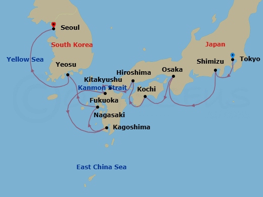 12 Night - Japan Intensive Cruise : Mt. Fuji, Osaka & Nagasaki - Azamara Pursuit - Starting in Tokyo, Mount Fuji (Shimizu), Osaka, Kochi, Hiroshima, Kitakyushu, Fukuoka, Kagoshima, Nagasaki, Yeosu, Seoul (Incheon) itinerary map