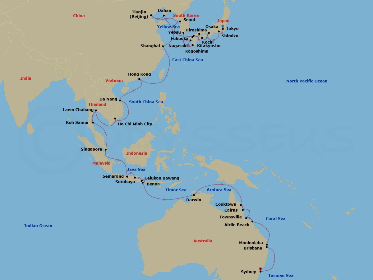 58 Night - Tokyo to Sydney Grand Voyage - Azamara Pursuit - Starting in Tokyo, Mount Fuji (Shimizu), Osaka, Kochi, Hiroshima, Kitakyushu, Fukuoka, Kagoshima, Nagasaki, Yeosu, Seoul (Incheon), Beijing (Tianjin), Dalian, Shanghai, Hong Kong, Ha Long Bay, Hue (Da Nang), Ho Chi Minh City, Bangkok (Laem Chabang), Ko Samui, Singapore, Semarang, Surabaya, Celukan, Bawang, Bali, Benoa, Bali, Darwin, Cooktown, Cairns, Townsville, Airlie Beach, Queensland, Mooloolaba, Queensland, Brisbane, Sydney AU itinerary map