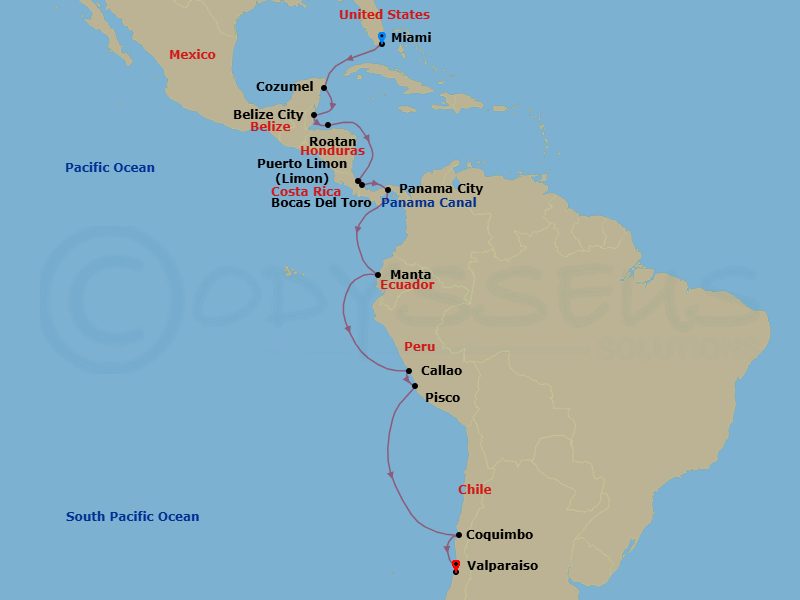 19 Night - Panama, Peru & Chile Combination Cruise : Panama Canal, Lima & Coquimbo - Azamara Quest - Starting in Miami, Florida, Cozumel, Mexico, Belize City, Roatan, Puerto Limon, Bocas del Toro, Panama Canal (Cruising), Panama City (Fuerte Amador), Manta, Callao (Lima), Pisco, Coquimbo, Valparaiso itinerary map