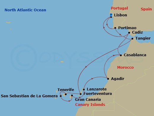 15 Night - Portugal, Morocco & Spain Combination Cruise : Lisbon, Casablanca & Cadiz - Azamara Journey - Starting in Lisbon, Portimao, Tangier, Fuerteventura, Canary Islands, Tenerife, Canary Islands, San Sebastian De La Gomera, Gran Canaria, Canary Islands, Lanzarote, Canary Islands, Agadir, Casablanca, Cadiz, Lisbon itinerary map
