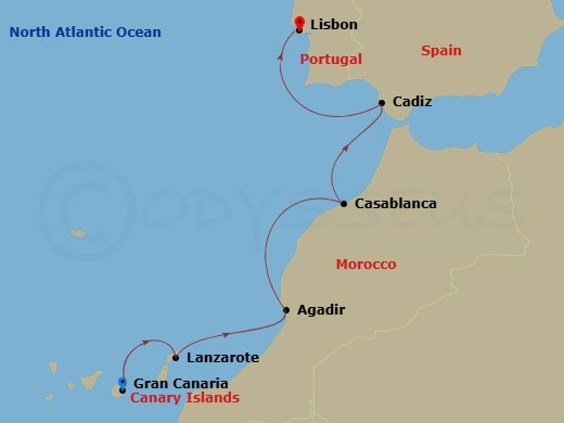 7 Night - Portugal, Morocco & Spain Cruise : Lisbon, Casablanca & Cadiz - Azamara Journey - Starting in Gran Canaria, Canary Islands, Lanzarote, Canary Islands, Agadir, Casablanca, Cadiz, Lisbon itinerary map