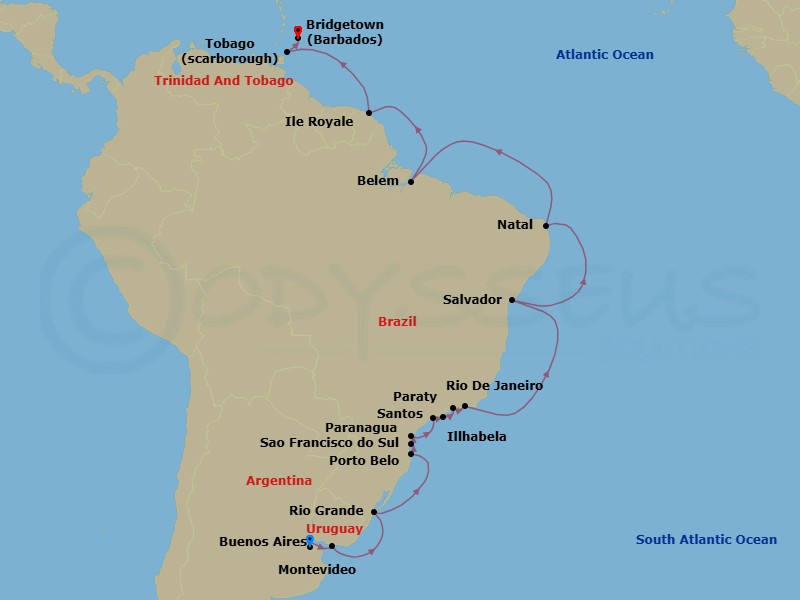 26 Night - Brazil Intensive Combination Cruise : Sao Paulo, Rio De Janiero & Salvador - Azamara Quest - Starting in Buenos Aires, Montevideo, Rio Grande, Porto Belo, Sao Francisco do Sul, Paranagua, Santos (Sao Paulo), Ilhabela, Brazil, Paraty, Rio De Janeiro, Salvador De Bahia, Natal, Belem, Isle Royale, French Guiana, Scarborough, Tobago, Bridgetown itinerary map