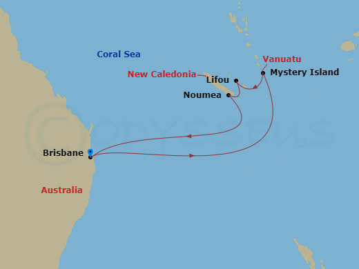 8 Night - Vanuatu & New Caledonia - Carnival Luminosa - Starting in Brisbane, Australia, Mystery Island, Vanuatu, Lifou, New Caledonia, Noumea, New Caledonia, Brisbane, Australia itinerary map