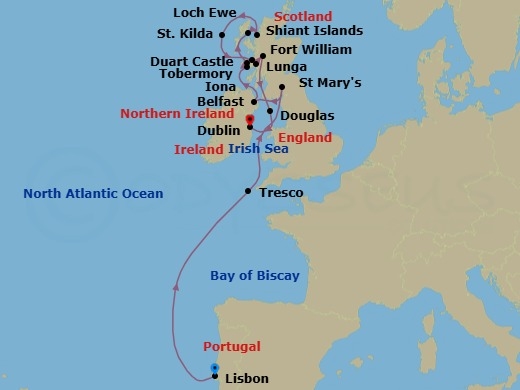12 Night - Lisbon to Dublin - Silver Endeavour - Starting in Lisbon, Tresco, Isles of Scilly, St Marys (Isles of Scilly), Pembrokeshire National Park, Belfast, Iona, Lunga, Shiant Islands, Scotland, Loch Ewe, St Kilda, Boreray Island cruising, Tobermory, Isle of Mull, Duart, Isle of Mull, Hebrides, Fort William, Scotland, Isle of Man (Douglas), Dublin itinerary map