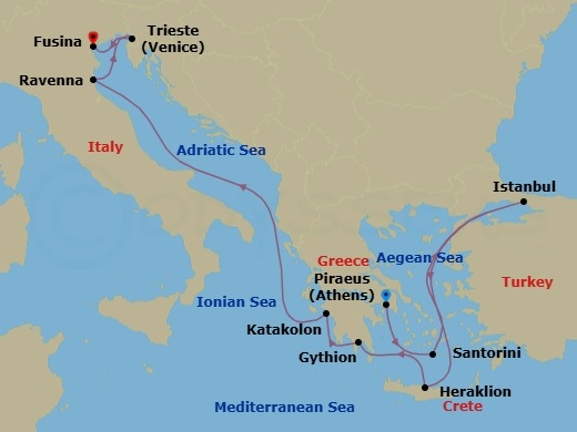 12 Night - Athens to Fusina - Silver Dawn - Starting in Athens (Piraeus), Santorini, Istanbul, Cruise the Dardanelles, Heraklion, Gythion, Katakolon (Olympia), Ravenna, Trieste, Fusina (Venice) itinerary map