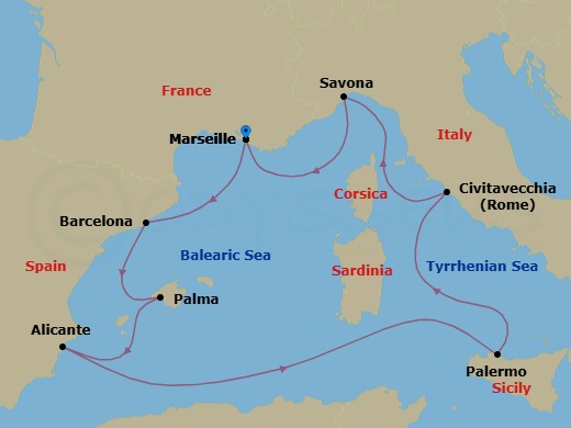 8 Night - Western Mediterranean from Marseille - Costa Toscana - Starting in Marseille, Barcelona, Palma De Mallorca, Alicante, Palermo, Civitavecchia (Rome), Savona, Marseille itinerary map