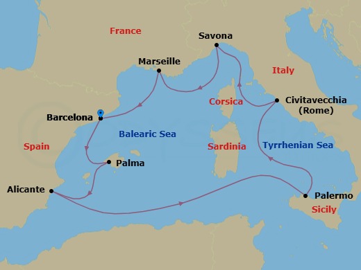 8 Night - Western Mediterranean from Barcelona - Costa Toscana - Starting in Barcelona, Palma De Mallorca, Alicante, Palermo, Civitavecchia (Rome), Savona, Marseille, Barcelona itinerary map
