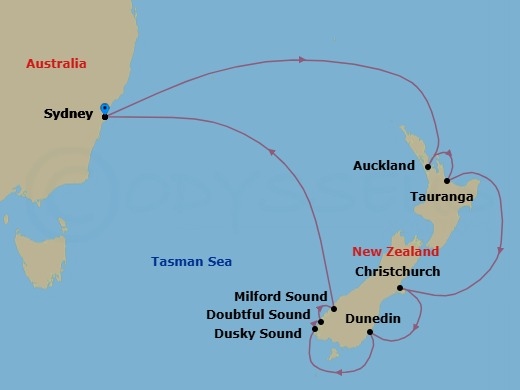 11 Night - New Zealand Cruise - Celebrity Edge - Starting in Sydney AU, Auckland, New Zealand, Tauranga, New Zealand, Christchurch, New Zealand, Dunedin, New Zealand, Dusky Sound, Doubtful Sound, Milford Sound, New Zealand, Sydney AU itinerary map