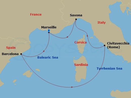 5 Night - Western Mediterranean from Marseille - Costa Smeralda - Starting in Marseille, Barcelona, Civitavecchia (Rome), Savona, Marseille itinerary map