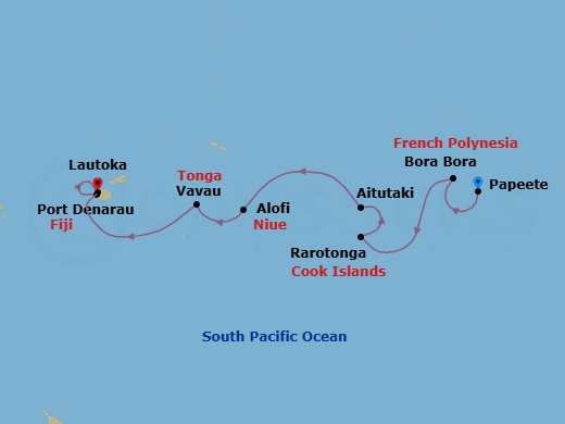 10 Night - South Pacific Paradise - Oceania Vista - Starting in Papeete (Tahiti), Bora Bora, Rarotonga, Aitutaki, Alofi, Vavau (Neiafu), Port Denarau itinerary map