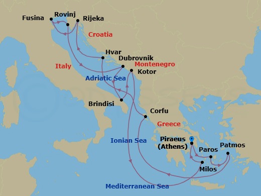 14 Night - An Extended Journey of Marble Cities & Sapphire Seas - EXPLORA II - Starting in Piraeus (Athens), Paros, Patmos, Corfu, Hvar, Rijeka, Fusina (Venice), Rovinj, Dubrovnik, Croatia, Brindisi, Kotor, Milos, Piraeus (Athens) itinerary map