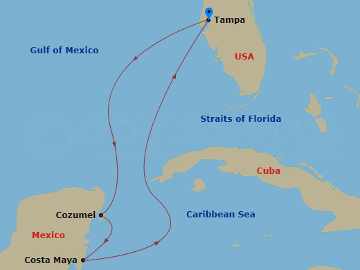 5 Night - Western Caribbean Cruise - Jewel of the Seas - Starting in Tampa, Florida, Cozumel, Mexico, Puerto Costa Maya, Mexico, Tampa, Florida itinerary map