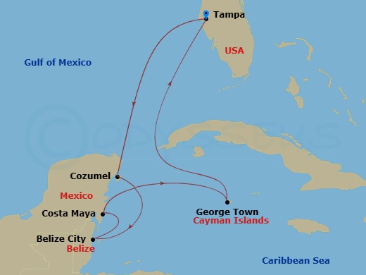 8 Night - Western Caribbean Holiday Cruise - Jewel of the Seas - Starting in Tampa, Florida, Cozumel, Mexico, Belize City, Belize, Puerto Costa Maya, Mexico, George Town, Grand Cayman, Tampa, Florida itinerary map