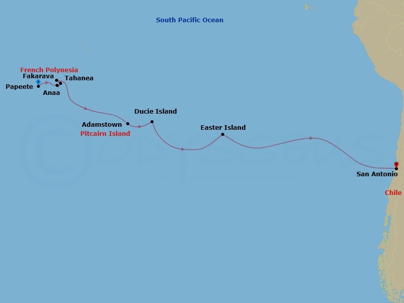 19 Night - Easter & Pitcairn Islands : Marooned, Moai & Mutineers - Seabourn Pursuit - Starting in Papeete, French Polynesia, Anaa, French Polynesia, Tahanea, French Polynesia, Fakarava, Tuamotu, French Polynesia, Adamstown, Pitcairn Island, Pitcairn, Ducie Island, Pitcairn, Easter Island, Chile, Juan Fernandez, San Antonio CL (Santiago), Chile itinerary map