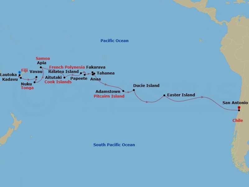 32 Night - Lost Islands of Chile & Tracing Fiji's History - Seabourn Pursuit - Starting in Lautoka, Fiji, Kadavu, Fiji, Vavau, Tonga, Nukupule Island, Haapai Group, Tonga, Apia, Upolu, Samoa, Cross International Dateline, Aitutaki, Cook Islands, Raiatea, Society Islands, French Polynesia, Maroe Bay, Huahine Iti, French Polynesia, Papeete, French Polynesia, Anaa, French Polynesia, Tahanea, French Polynesia, Fakarava, Tuamotu, French Polynesia, Adamstown, Pitcairn Island, Pitcairn, Ducie Island, Pitcairn, Easter Island, Chile, Juan Fernandez, San Antonio CL (Santiago), Chile itinerary map