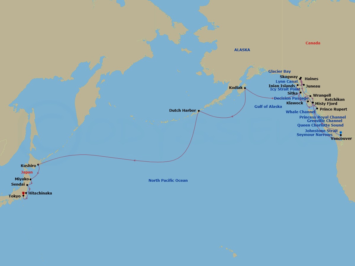 35 Night - Japan, Alaska, Glacier Bay & Pacific Crossing - Seabourn Encore - Starting in Vancouver, BC, CA, Transit the Seymour Narrows, Cruising the Queen Charlotte Sound, Ketchikan, Alaska, Transit Snow Pass, Transit Decision Passage, Sitka, Alaska, Glacier Bay, Inian Islands, Alaska, Icy Strait Point, Alaska, Haines, Alaska, Cruising Lynn Canal, Juneau, Alaska, Skagway, Alaska, Glacier Bay, Cruising Chatham Strait, Transit Decision Passage, Wrangell, Alaska, Cruising Stikine Strait, Cruising Behm Canal, Rudyerd Bay (Misty Fjords), Scenic cruising Misty Fjords, Prince Rupert, British Columbia, Canada, Scenic cruising Grenville Channel, Scenic cruising Whale Channel, Scenic cruising Princess Royal Channel, Alert Bay, British Columbia, Canada, Scenic cruising Johnstone Strait, Transit the Seymour Narrows, Vancouver, BC, CA, Transit the Seymour Narrows, Cruising the Queen Charlotte Sound, Ketchikan, Alaska, Klawock, Alaska, Sitka, Alaska, Glacier Bay, Kodiak, Alaska, Dutch Harbor, Alaska, Cross International Dateline, Kushiro, Japan, Miyako, Japan, Sendai, Japan, Hitachinaka, Japan itinerary map