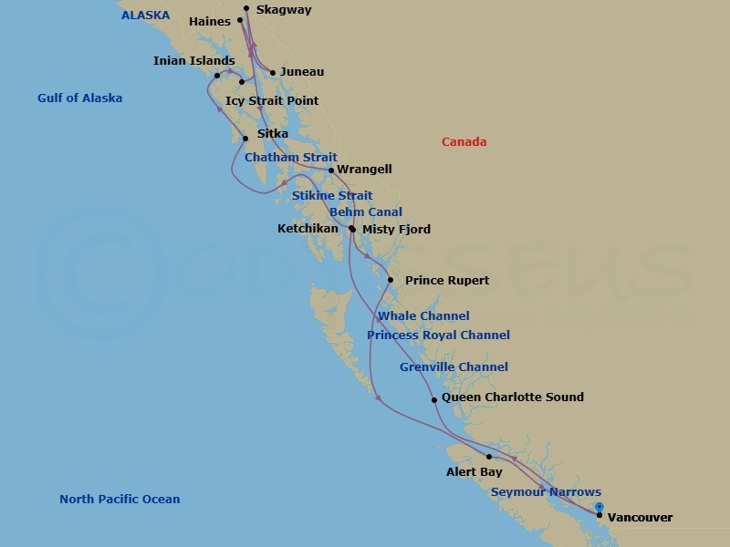 15 Night - Glacier Bay, Fjords & Inside Passage - Seabourn Encore - Starting in Vancouver, BC, CA, Transit the Seymour Narrows, Cruising the Queen Charlotte Sound, Ketchikan, Alaska, Transit Snow Pass, Transit Decision Passage, Sitka, Alaska, Glacier Bay, Inian Islands, Alaska, Icy Strait Point, Alaska, Haines, Alaska, Cruising Lynn Canal, Juneau, Alaska, Skagway, Alaska, Glacier Bay, Cruising Chatham Strait, Transit Decision Passage, Wrangell, Alaska, Cruising Stikine Strait, Cruising Behm Canal, Rudyerd Bay (Misty Fjords), Scenic cruising Misty Fjords, Prince Rupert, British Columbia, Canada, Scenic cruising Grenville Channel, Scenic cruising Whale Channel, Scenic cruising Princess Royal Channel, Alert Bay, British Columbia, Canada, Scenic cruising Johnstone Strait, Transit the Seymour Narrows, Vancouver, BC, CA itinerary map