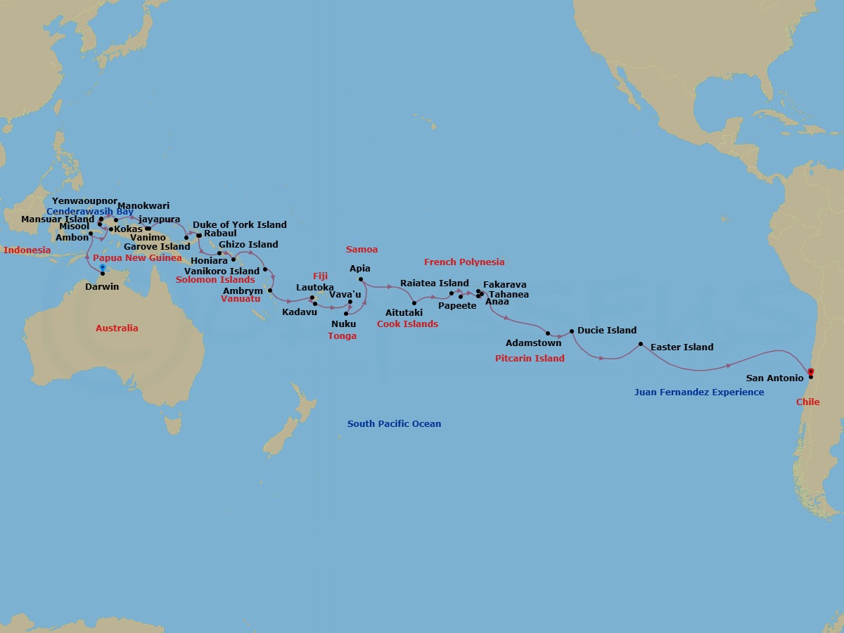 54 Night - Indonesia, Papua New Guinea & Islands of the Pacific - Seabourn Pursuit - Starting in Darwin, Australia, Ambon, Indonesia, Kokas, Indonesia, Misool, Yapap Lagoon, Indonesia, Yenwapunor, Gam Island, Indonesia, Mansuar Island, Indonesia, Manokwari, Indonesia, Cenderawasih Bay, Indonesia, Jayapura, Indonesia, Vanimo, Papua New Guinea, Garove Island, Papua New Guinea, Duke of York Island, Papua New Guinea, Rabaul, Papua New Guinea, Ghizo Island, Solomon Islands, Honiara, Guadalcanal, Solomon Islands, Vanikoro, Solomon Islands, Ambrym, Vanuatu, Lautoka, Fiji, Kadavu, Fiji, Vavau, Tonga, Nukupule Island, Haapai Group, Tonga, Apia, Upolu, Samoa, Cross International Dateline, Aitutaki, Cook Islands, Raiatea, Society Islands, French Polynesia, Maroe Bay, Huahine Iti, French Polynesia, Papeete, French Polynesia, Anaa, French Polynesia, Tahanea, French Polynesia, Fakarava, Tuamotu, French Polynesia, Adamstown, Pitcairn Island, Pitcairn, Ducie Island, Pitcairn, Easter Island, Chile, Juan Fernandez, San Antonio CL (Santiago), Chile itinerary map