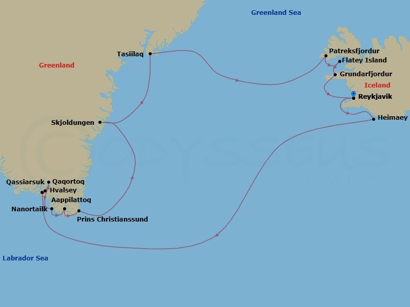 14 Night - Southeast Greenland and Iceland - Seabourn Venture - Starting in Reykjavik, Iceland, Outer Islands of Heimaey, Heimaey, Westman Islands, Iceland, Qaqortoq, Greenland, Hvalsey, Greenland, Brattahlid (Qassiarsuk), Greenland, Southern Greenland, Nanortalik, Greenland, Tasermiut Fjord, Greenland, Southern Greenland, Aappilattoq, Greenland, Prins Christian Sund, Greenland, Skjoldungen Fjord, Greenland, Tasiilaq, Greenland, Southern Greenland, Patreksfjordur, Iceland, Flatey, Iceland, Grundarfjordur, Iceland, Reykjavik, Iceland itinerary map