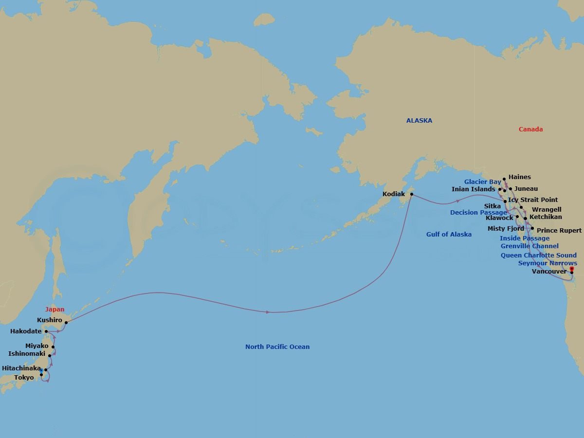 35 Night - Japan, Alaska, Glacier Bay & Pacific Crossing - Seabourn Encore - Starting in Tokyo, Japan, Hitachinaka, Japan, Ishinomaki, Japan, Miyako, Japan, Hakodate, Japan, Kushiro, Japan, Cross International Dateline, Kodiak, Alaska, Glacier Bay, Sitka, Alaska, Klawock, Alaska, Prince Rupert, British Columbia, Canada, Inside Passage, Vancouver, BC, CA, Transit the Seymour Narrows, Cruising the Queen Charlotte Sound, Ketchikan, Alaska, Transit Snow Pass, Transit Decision Passage, Sitka, Alaska, Glacier Bay, Inian Islands, Alaska, Icy Strait Point, Alaska, Haines, Alaska, Cruising Lynn Canal, Juneau, Alaska, Glacier Bay, Cruising Chatham Strait, Transit Decision Passage, Wrangell, Alaska, Cruising Stikine Strait, Cruising Behm Canal, Rudyerd Bay (Misty Fjords), Scenic cruising Misty Fjords, Prince Rupert, British Columbia, Canada, Scenic cruising Grenville Channel, Scenic cruising Whale Channel, Scenic cruising Princess Royal Channel, Alert Bay, British Columbia, Canada, Scenic cruising Johnstone Strait, Transit the Seymour Narrows, Vancouver, BC, CA itinerary map