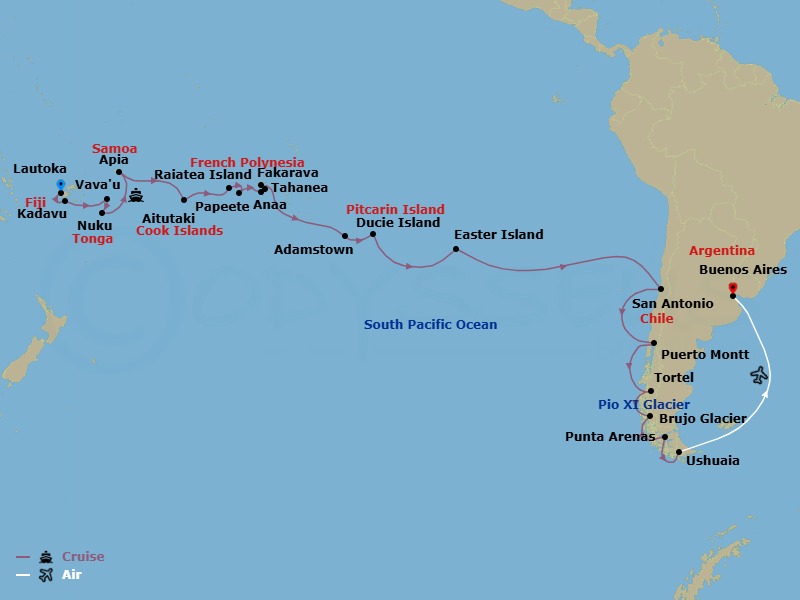 50 Night - Fiji to the Chilean Coast & An - Tour P35 - Seabourn Pursuit Tours - Starting in Lautoka, Fiji, Kadavu, Fiji, Vavau, Tonga, Nukupule Island, Haapai Group, Tonga, Apia, Upolu, Samoa, Cross International Dateline, Aitutaki, Cook Islands, Raiatea, Society Islands, French Polynesia, Maroe Bay, Huahine Iti, French Polynesia, Papeete, French Polynesia, Anaa, French Polynesia, Tahanea, French Polynesia, Fakarava, Tuamotu, French Polynesia, Adamstown, Pitcairn Island, Pitcairn, Ducie Island, Pitcairn, Easter Island, Chile, Juan Fernandez, San Antonio CL (Santiago), Chile, Scenic Cruising Reloncavi Sound, Puerto Montt, Chile, Scenic cruising Moraleda Channel, Scenic cruising Darwin Channel, Scenic cruising Baker Channel, Caleta Tortel, Chile, Transit the English Narrows, Scenic cruising Eyre Fjord, Pio XI Glacier (Bruggen Glacier), Chile, Scenic cruising Wide Channel, Scenic cruising Peel Fjord, Brujo Glacier, Chile, Scenic cruising Smyth Channel, Strait of Magellan, Punta Arenas, Chile, Antarctica, Ushuaia, Argentina, Buenos Aires itinerary map