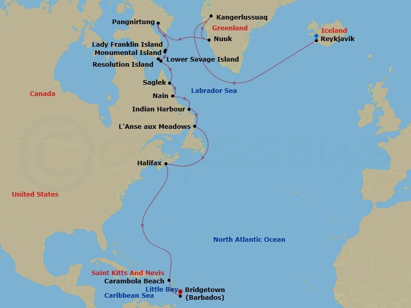 23 Night - Wild Labrador Coast & Southern - Tour R17 - Seabourn Venture Tours - Starting in Reykjavik, Iceland, Kangerlussuaq, Greenland, Nuuk (Godthab), Greenland, Pangnirtung, Nunavut, Canada, Lady Franklin Island, Nunavut, Canada, Monumental Island, Nunavut, Canada, Lower Savage Islands, Nunavut, Canada, Resolution Island, Nunavut, Canada, Eclipse Channel, Labrador, Canada, Nachvak Fiord, Torngat Mts, Labrador, Canada, Saglek Fjord, Labrador, Canada, Nain, Labrador, Canada, Indian Harbour, Labrador, Canada, L Anse aux Meadows, Newfoundland, Canada, Halifax, Nova Scotia, Canada, Carambola Beach, Saint Kitts and Nevis, Little Bay, Montserrat, Rodney Bay, Saint Lucia, Bridgetown, Barbados itinerary map