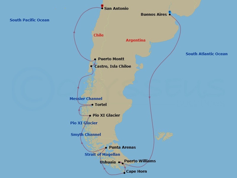 15 Night - Chilean Fjords Explorer - Tour N12 - Seabourn Pursuit Tours - Starting in Buenos Aires, Argentina, Ushuaia, Argentina, Puerto Williams, Chile, Cape Horn, Chile, Patagonian Fjord, Punta Arenas, Chile, Strait of Magellan, Scenic cruising Smyth Channel, Fjord of the Mountains, Chile, Scenic cruising Peel Fjord, Pio XI Glacier (Bruggen Glacier), Chile, Cruising Messier Channel, Caleta Tortel, Chile, Cruising Boca Del Guafo, Castro, Isla Chiloe, Chile, Puerto Montt, Chile, San Antonio CL (Santiago), Chile itinerary map