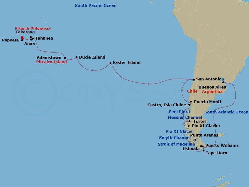 44 Night - Antarctica, Chilean Fjords, Ea - Tour N11 - Seabourn Pursuit Tours - Starting in Buenos Aires, Argentina, Ushuaia, Argentina, Antarctica, Ushuaia, Argentina, Puerto Williams, Chile, Cape Horn, Chile, Patagonian Fjord, Punta Arenas, Chile, Strait of Magellan, Scenic cruising Smyth Channel, Fjord of the Mountains, Chile, Scenic cruising Peel Fjord, Pio XI Glacier (Bruggen Glacier), Chile, Cruising Messier Channel, Caleta Tortel, Chile, Cruising Boca Del Guafo, Castro, Isla Chiloe, Chile, Puerto Montt, Chile, San Antonio CL (Santiago), Chile, Juan Fernandez, Easter Island, Chile, Ducie Island, Pitcairn, Adamstown, Pitcairn Island, Pitcairn, Fakarava, Tuamotu, French Polynesia, Tahanea, French Polynesia, Anaa, French Polynesia, Papeete, French Polynesia itinerary map