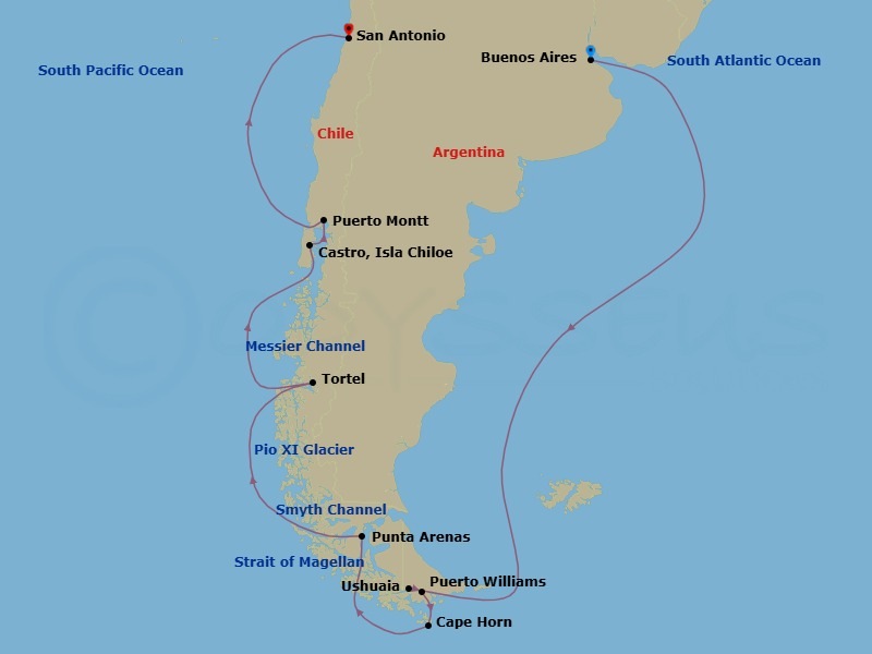 25 Night - White Continent & Chilean Fjor - Tour N10 - Seabourn Pursuit Tours - Starting in Buenos Aires, Argentina, Ushuaia, Argentina, Antarctica, Ushuaia, Argentina, Puerto Williams, Chile, Cape Horn, Chile, Patagonian Fjord, Punta Arenas, Chile, Strait of Magellan, Scenic cruising Smyth Channel, Fjord of the Mountains, Chile, Scenic cruising Peel Fjord, Pio XI Glacier (Bruggen Glacier), Chile, Cruising Messier Channel, Caleta Tortel, Chile, Cruising Boca Del Guafo, Castro, Isla Chiloe, Chile, Puerto Montt, Chile, San Antonio CL (Santiago), Chile itinerary map