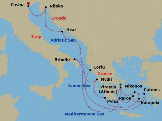 14 Night - An Extended Journey of Island Rhythms & Adriatic Echoes - EXPLORA II - Starting in Piraeus (Athens), Brindisi, Nydri, Lefkada, Pylos, Katapola, Mykonos, Piraeus (Athens), Paros, Patmos, Corfu, Hvar, Rijeka, Fusina (Venice) itinerary map
