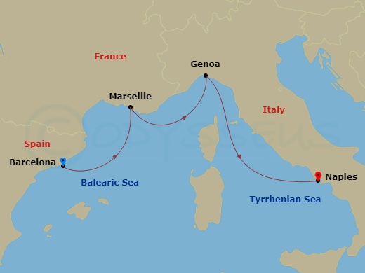 3 Night - Mediterranean - MSC Euribia - Starting in Barcelona, Spain, Marseille (Provence), France, Genoa (Portofino), Italy, Naples (Pompeii), Italy itinerary map
