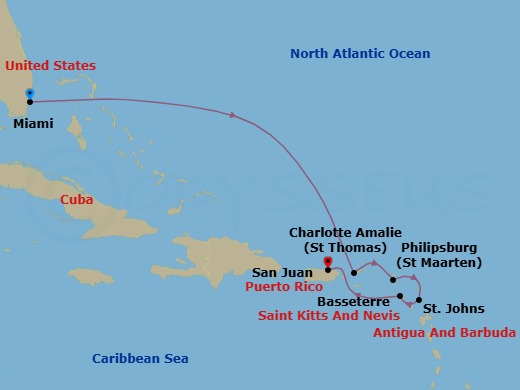 7 Night - Yachtsman's Harbors - Oceania Allura - Starting in Miami, Charlotte Amalie, Philipsburg, St Johns, Basseterre, San Juan itinerary map