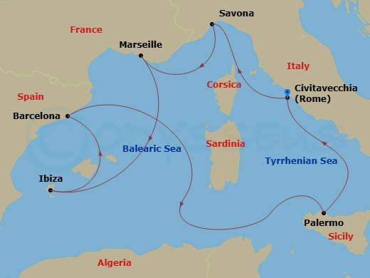 7 Night - Western Mediterranean from Civitavecchia - Costa Smeralda - Starting in Civitavecchia (Rome), Savona, Marseille, Ibiza, Barcelona, Palermo, Civitavecchia (Rome) itinerary map