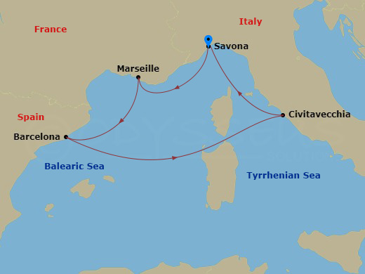 5 Night - Western Mediterranean from Savona - Costa Smeralda - Starting in Savona, Marseille, Barcelona, Civitavecchia (Rome), Savona itinerary map