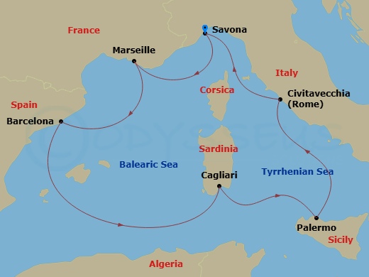 7 Night - Western Mediterranean from Savona - Costa Smeralda - Starting in Savona, Marseille, Barcelona, Cagliari, Palermo, Civitavecchia (Rome), Savona itinerary map