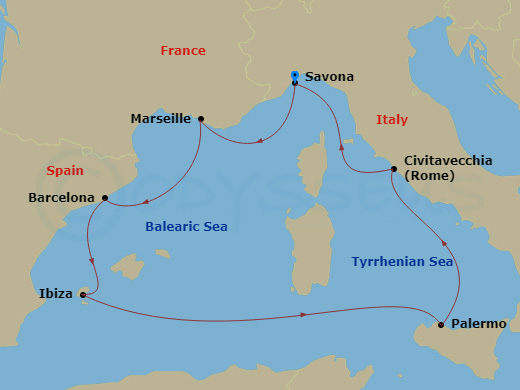 7 Night - Western Mediterranean from Savona - Costa Smeralda - Starting in Savona, Marseille, Barcelona, Ibiza, Palermo, Civitavecchia (Rome), Savona itinerary map