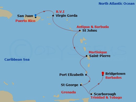 7 Night - Southern Caribbean Cruise : Antigua, Martinique & Grenada - Azamara Journey - Starting in San Juan, Virgin Gorda, St Johns AG, Saint-Pierre, Port Elizabeth VC, Bequia, Saint Georges, Grenada, Scarborough, Tobago, Bridgetown itinerary map