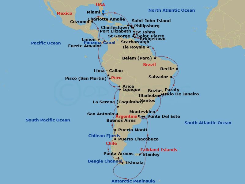 74 Night - Circle South America Grand Voyage - Azamara Journey - Starting in Miami, Florida, St John VI, US Virgin Islands, Charlotte Amalie, St Thomas, Philipsburg, Charlestown, Nevis, St Johns AG, Saint-Pierre, Port Elizabeth VC, Bequia, Saint Georges, Grenada, Bridgetown, Scarborough, Tobago, Isle Royale, French Guiana, Belem, Recife, Salvador De Bahia, Buzios, Brazil, Rio De Janeiro, Paraty, Ilhabela, Brazil, Santos (Sao Paulo), Montevideo, Buenos Aires, Montevideo, Punta Del Este, Port Stanley, Falkland Islands, Sailing the Antarctic Peninsula, Ushuaia, Sailing in the Beagle Channel, Ushuaia, Punta Arenas, Sailing in the Chilean Fjords, Puerto Chacabuco, Puerto Montt, San Antonio Cl, Coquimbo, Iquique, Arica, Pisco, Callao (Lima), Panama City (Fuerte Amador), Panama Canal (Cruising), Puerto Limon, Isla San Andres, Cozumel, Mexico, Miami, Florida itinerary map