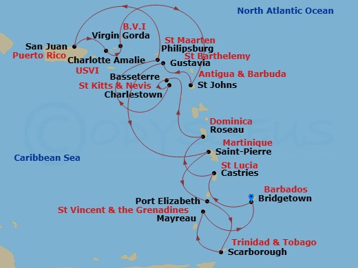 16 Night - Caribbean Combination Cruise : Barbados, St. Lucia & St. Thomas - Azamara Journey - Starting in Bridgetown, Castries, Roseau, Basseterre, St Kitts, Charlestown, Nevis, Philipsburg, San Juan, Charlotte Amalie, St Thomas, Virgin Gorda, St Johns AG, Gustavia, Saint-Pierre, Port Elizabeth VC, Bequia, Scarborough, Tobago, Mayreau, Grenadines, Bridgetown itinerary map