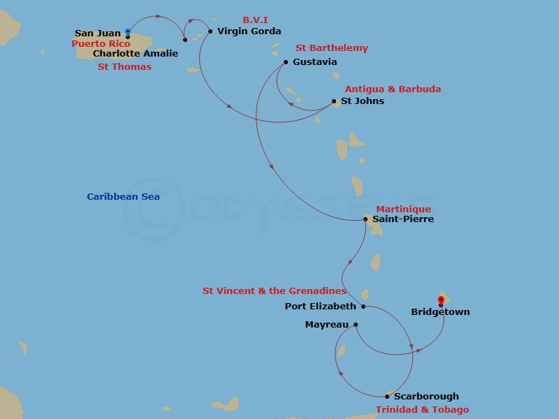 10 Night - Caribbean Holiday Cruise : Antigua, Martinique & Saint Barthelemy - Azamara Journey - Starting in San Juan, Charlotte Amalie, St Thomas, Virgin Gorda, St Johns AG, Gustavia, Saint-Pierre, Port Elizabeth VC, Bequia, Scarborough, Tobago, Mayreau, Grenadines, Bridgetown itinerary map
