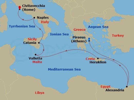 10 Night - Greece, Egypt & Italy Cruise : Athens, Alexandria & Naples - Azamara Onward - Starting in Athens (Piraeus), Alexandria EG (Cairo), Egypt, Heraklion, (Crete), Valletta, Catania, (Sicily), Naples, Rome (Civitavecchia) itinerary map