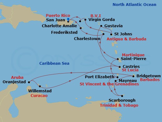 18 Night - Caribbean Combination Cruise : San Juan, St. Barts & Curacao - Azamara Journey - Starting in San Juan, Charlotte Amalie, St Thomas, Virgin Gorda, St Johns AG, Gustavia, Saint-Pierre, Port Elizabeth VC, Bequia, Scarborough, Tobago, Mayreau, Grenadines, Bridgetown, Oranjestad, Willemstad AN, Castries, Charlestown, Nevis, Frederiksted, Saint Croix, San Juan itinerary map