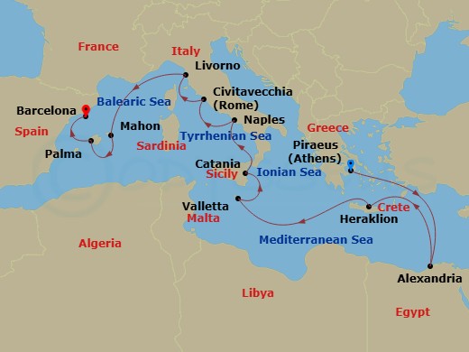 17 Night - Mediterranean Combination Cruise : Athens, Florence & Barcelona - Azamara Onward - Starting in Athens (Piraeus), Alexandria EG (Cairo), Egypt, Heraklion, (Crete), Valletta, Catania, (Sicily), Naples, Rome (Civitavecchia), Florence / Pisa (Livorno), Mahon, Menorca, Palma, Majorca, Barcelona itinerary map